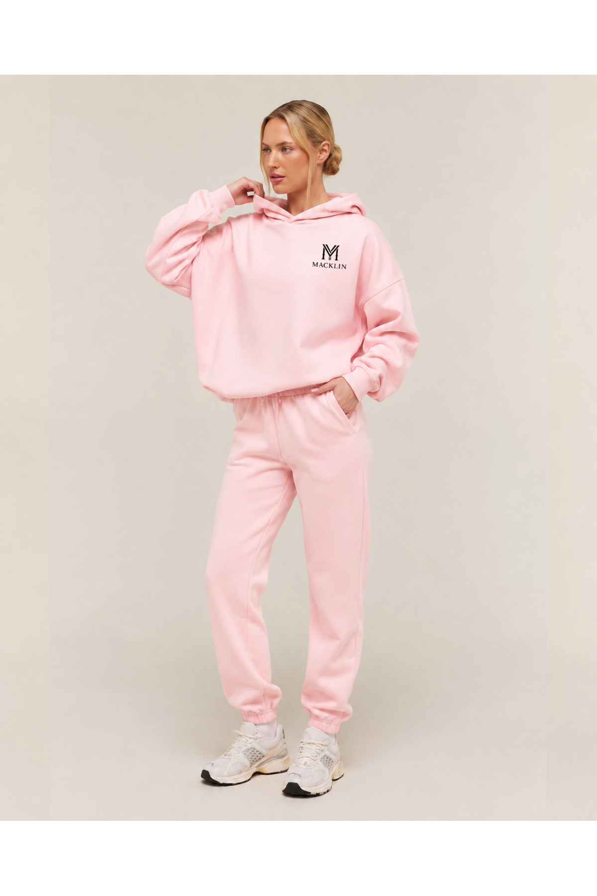 Unisex Erkek Kadın M Logo Baskılı Oversize 3 İplik Kapüşonlu Jogger Alt Eşofman Takımı — صورتی darkopia2026mlogoK