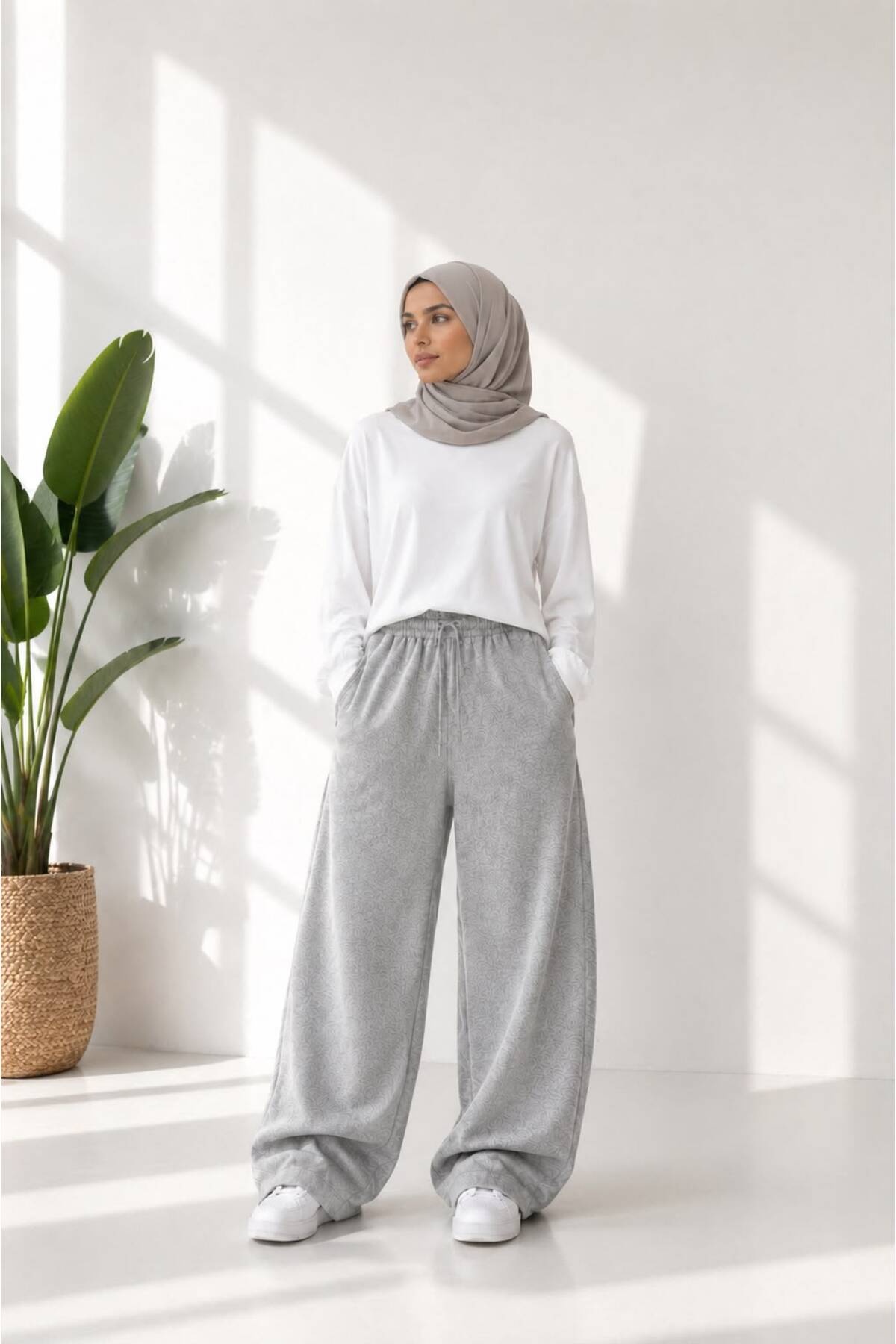 TONFİX LİFE 2 ADET SİYAH/GRİ KADIN TESETTÜR EŞOFMAN ALTI BOL PAÇA YÜKSEK BEL RAHAT KALIP CEPLİ İPLİ SPOR PANTOLON görsel 3