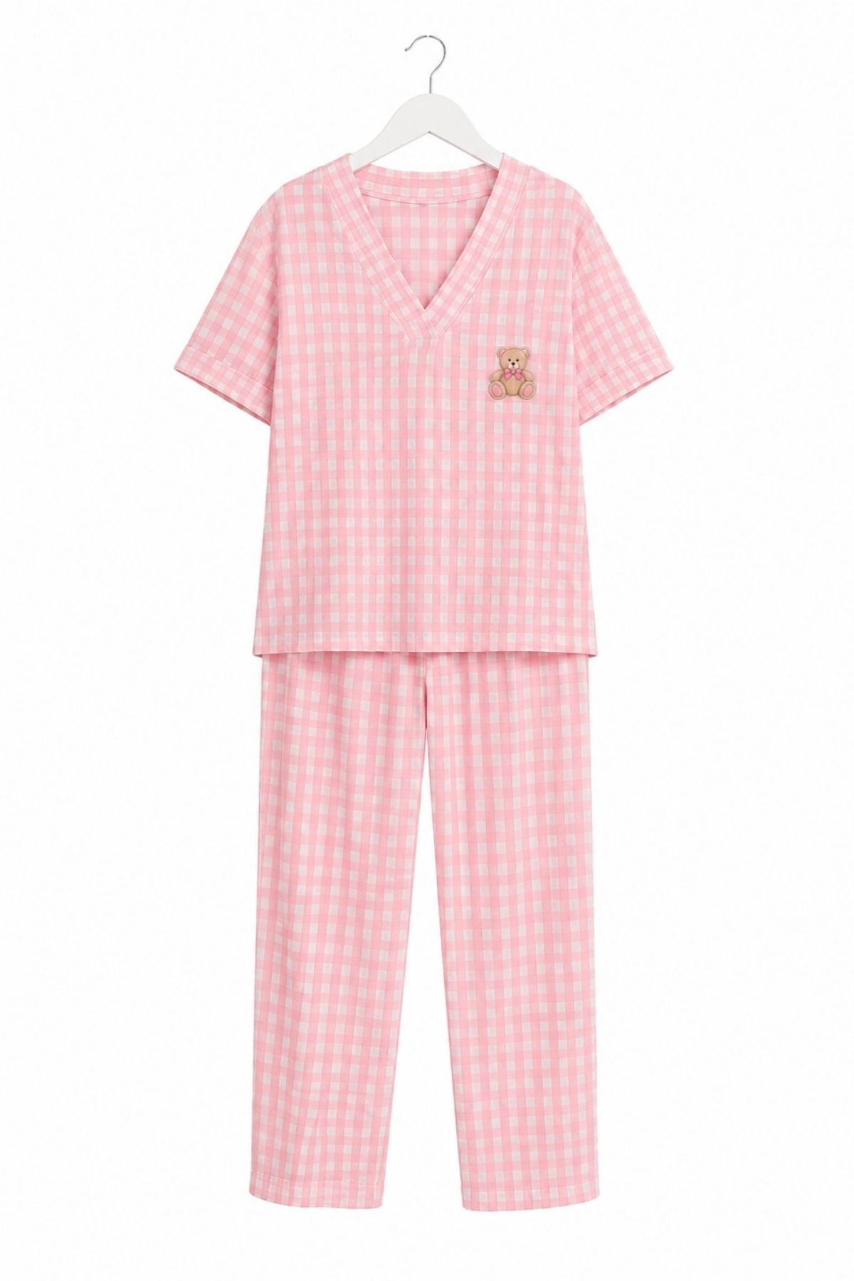 BELLA NOTTE Pembe Pötikare Desenli V Yaka Ayıcık Nakışlı Kısa Kollu Pijama Takımı görsel 5