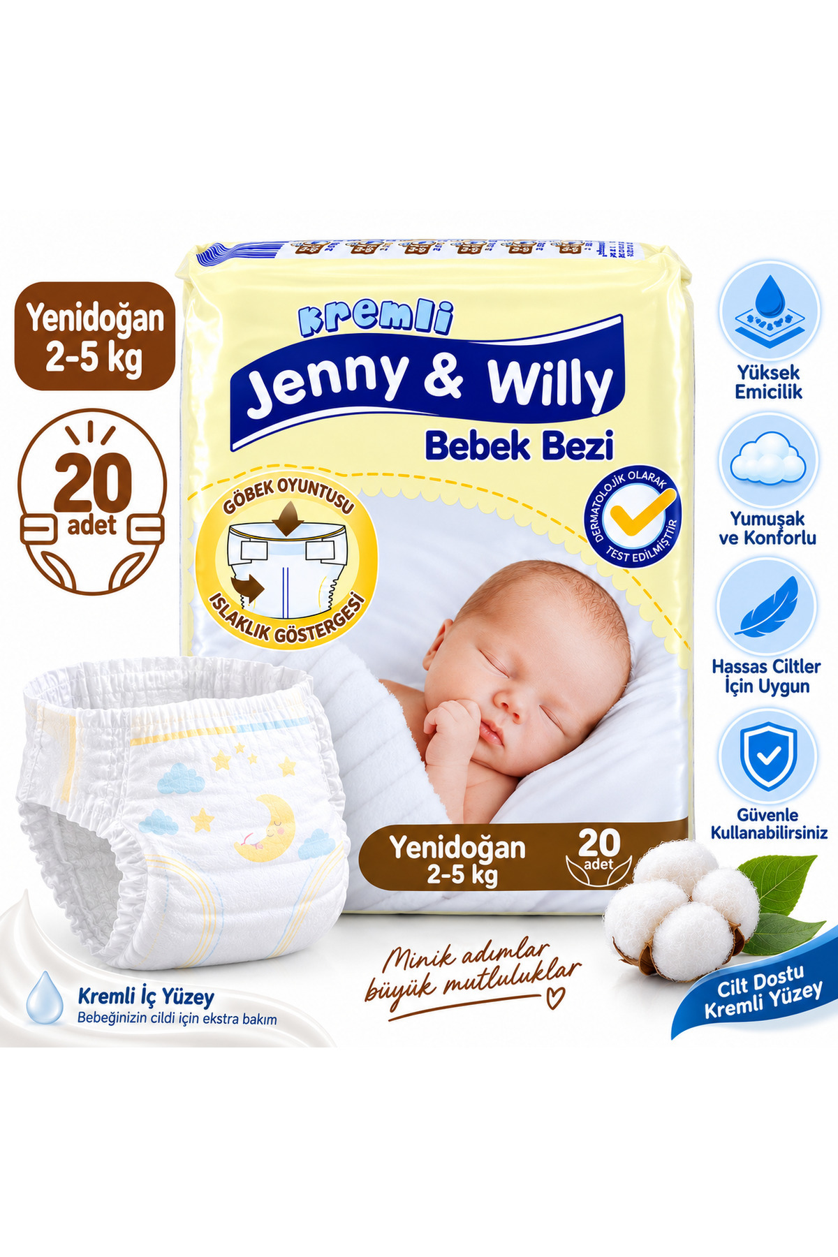 Jenny & Willy Kremli Yenidoğan Bebek Bezi 1 Numara 2-5 kg 20 Adet – Göbek Oyuntulu ve Islaklık Göstergeli