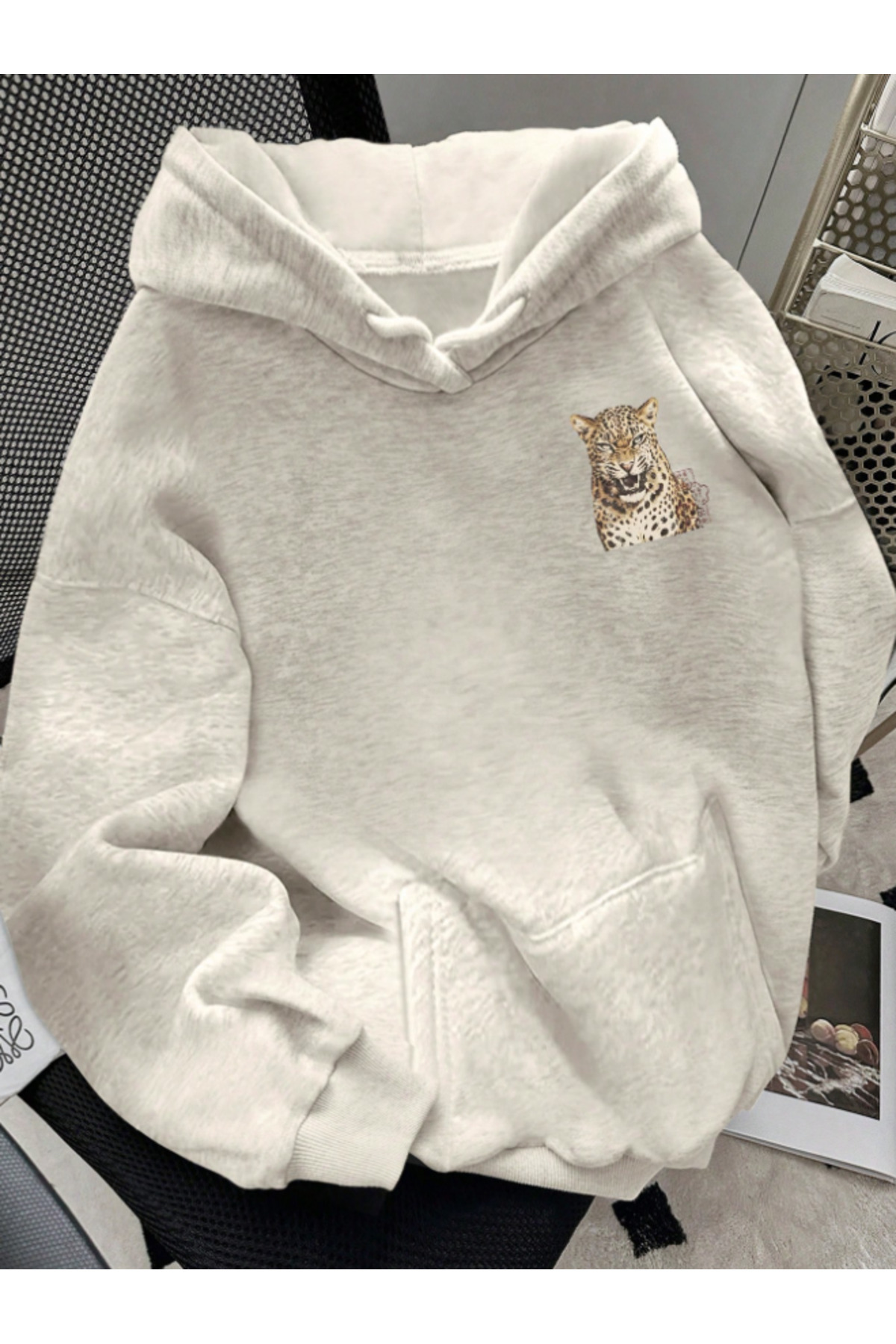 Revasser Unisex Kadın/Erkek LEOPAR Baskılı Özel Tasarım Oversize Pamuklu Kapüşonlu Sweatshirt görsel 2