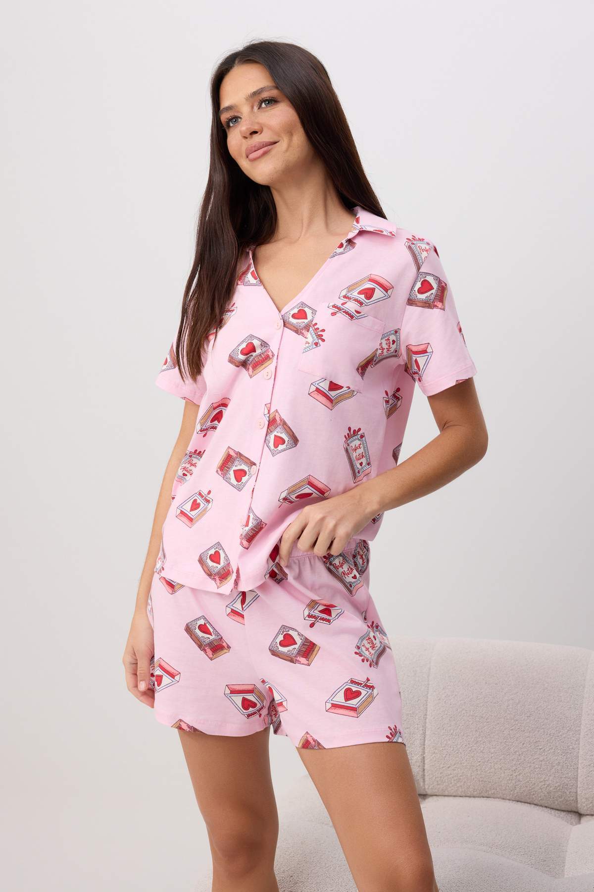 Trendyolmilla Pembe %100 Pamuklu Eğlence Desenli Örme Pijama Takımı THMSS26PT00111