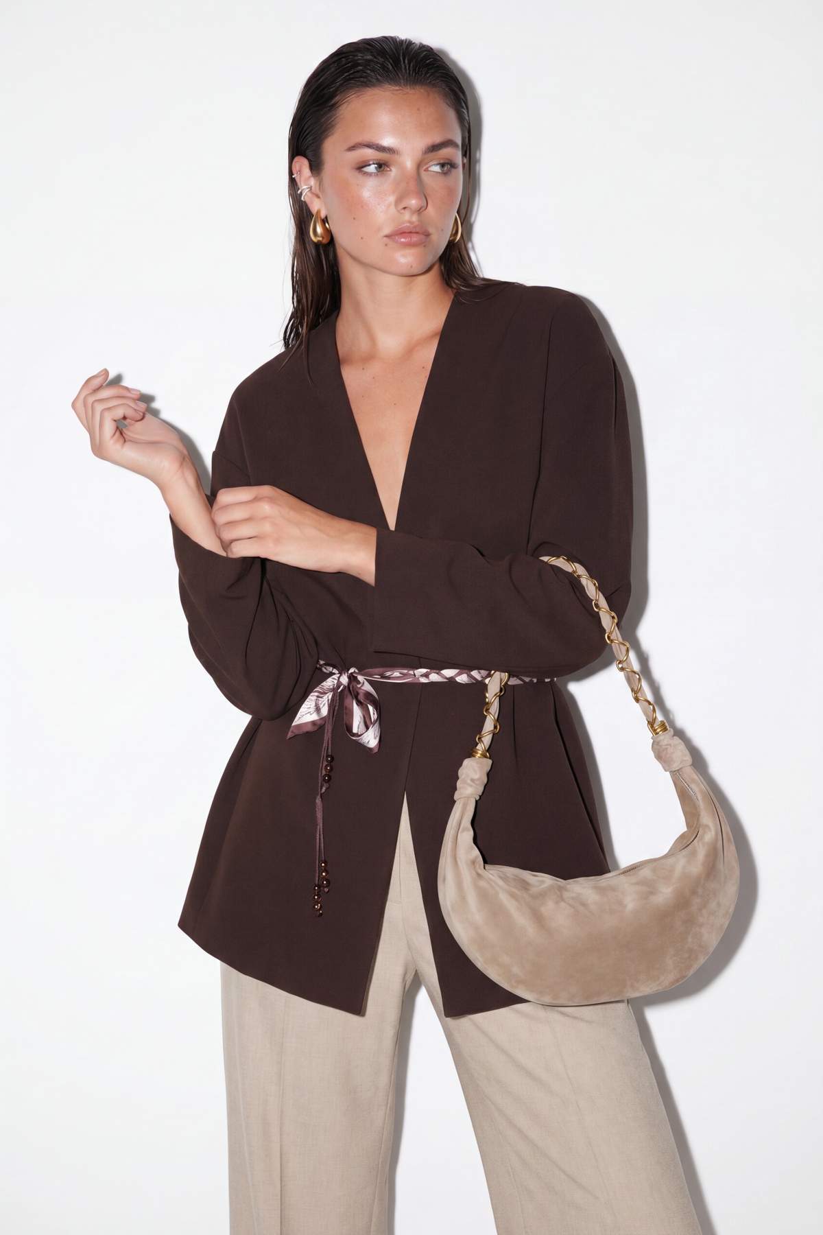 Drop by Trendyolmilla Kahverengi Yakasız Beli Kemerli Rahat Kalıp Ceket TDRSS26CE00022