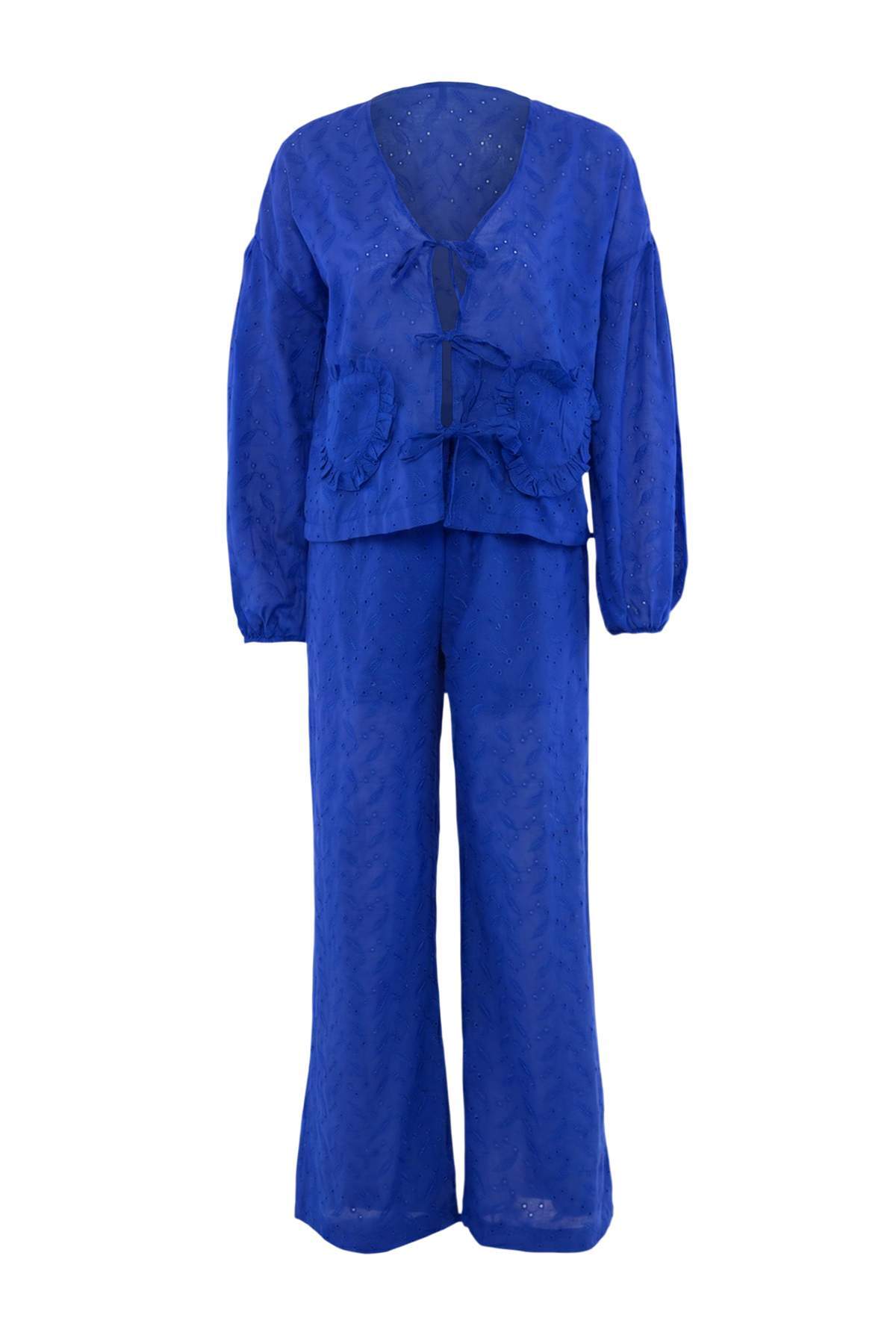 Trendyolmilla Saks Dokuma Maxi 100% Pamuk Plaj Bluz Pantolon Takım TBESS26AU00087