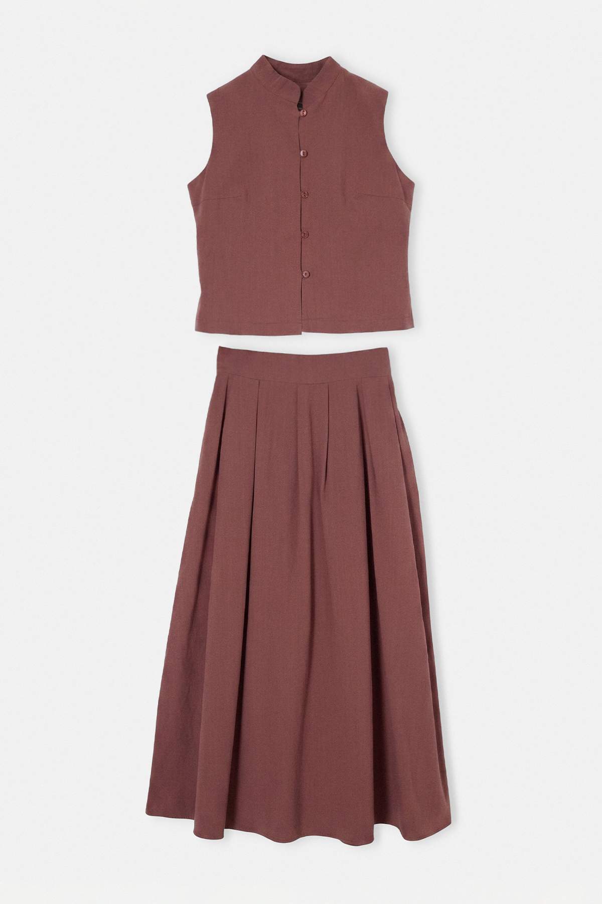 Drop by Trendyolmilla Kiremit Hakim Yaka Gömlek Beli Arkadan Lastikli Önü Pileli Etekli Takım TDRSS26AU00083