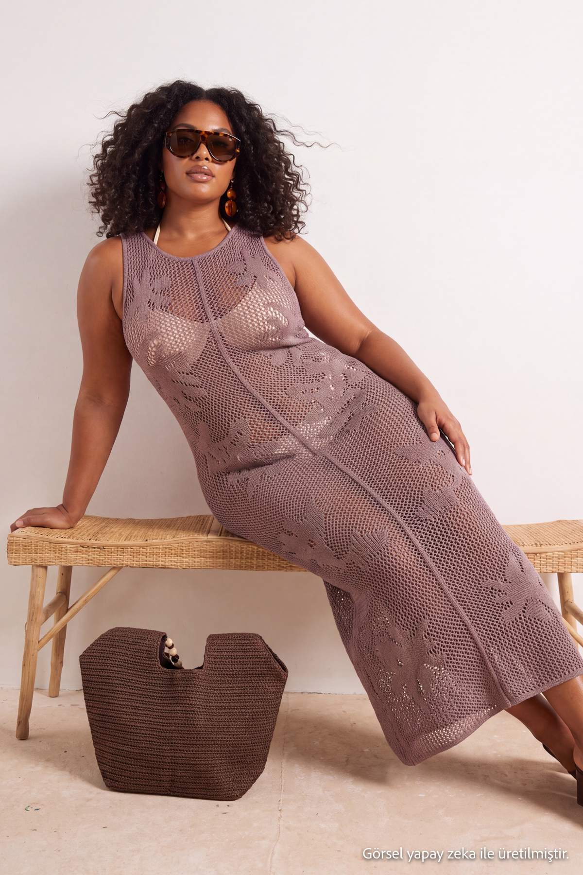 Trendyol Curve Strandbekleidung Nerzstrickwaren Durchbrochenes Midi-Strandkle...