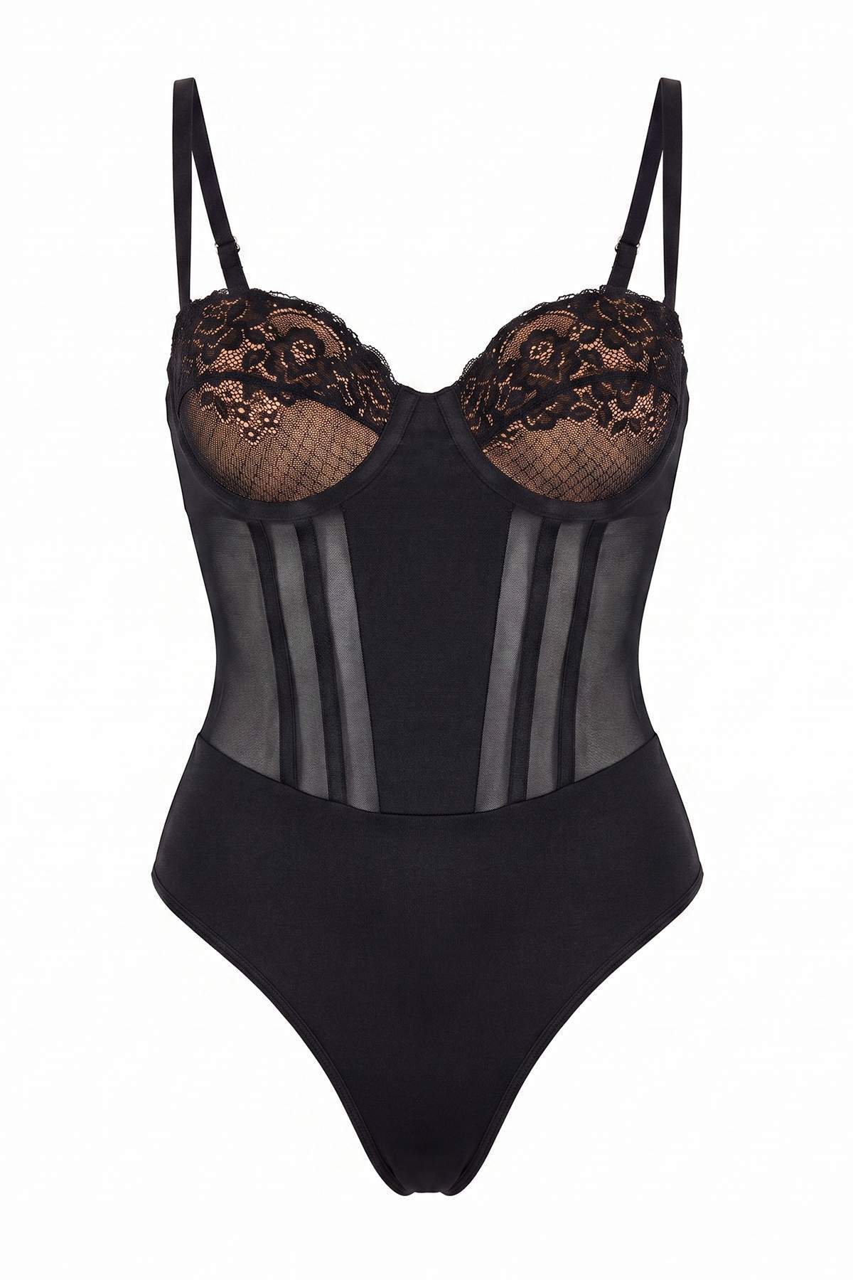 Trendyolmilla Siyah İnce Askılı Micro/Tül Kaplı Örme Body THMAW27BD00001