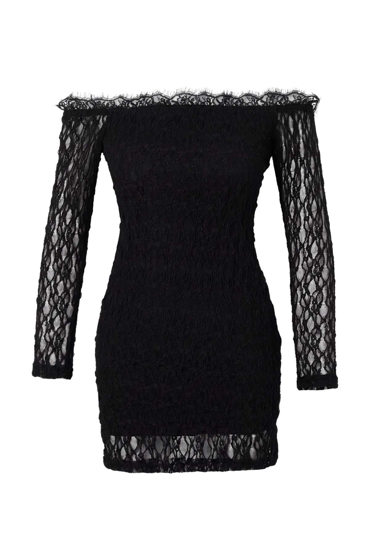 Trendyolmilla Siyah Düz Carmen Yaka Bodycone/Vücudu Saran Kısa / Mini Örme Elbise TPRAW27EL00022