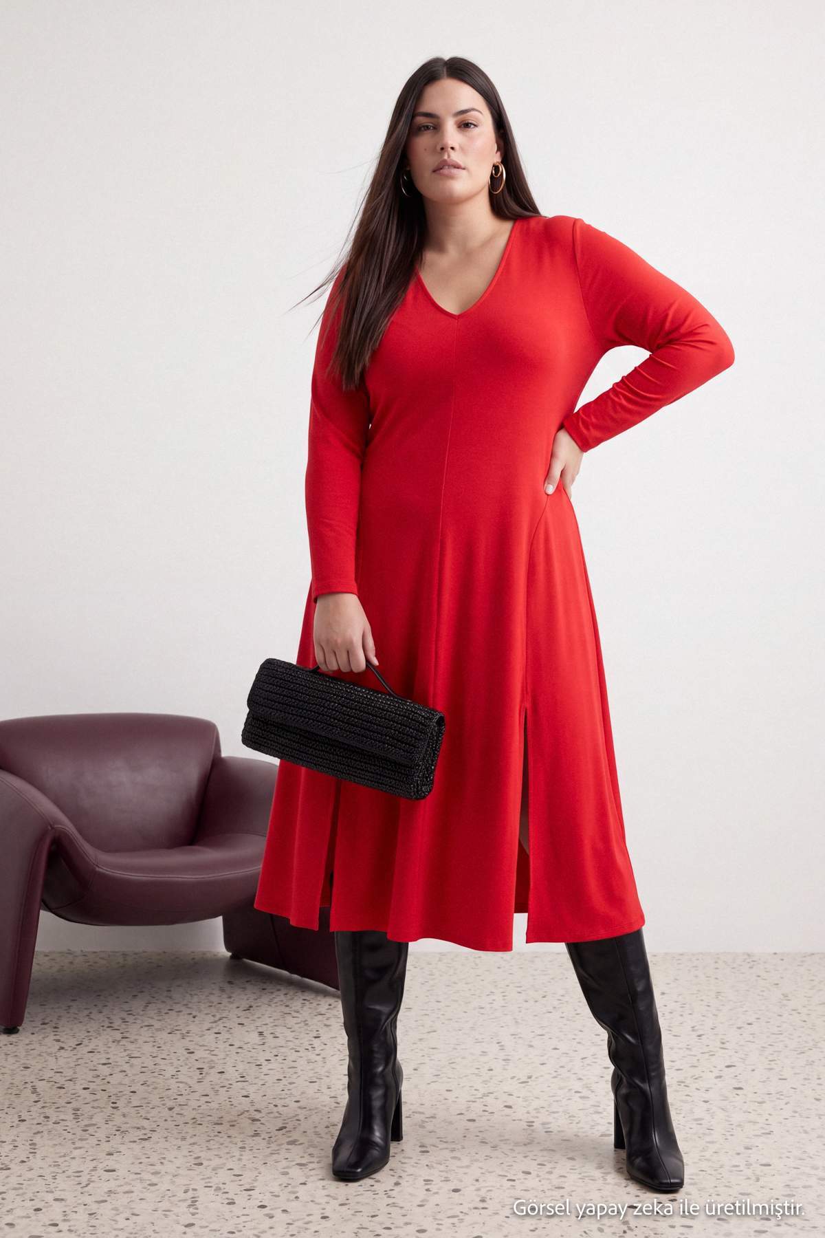 Trendyolmilla Curve Kırmızı V Yaka Skater/Belden Açılan Esnek Maxi Örme Elbise TBBAW26AH00017