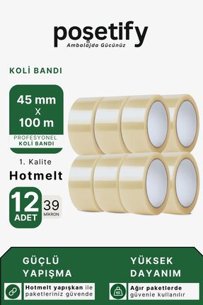 POŞETİFY 45 mm x 100 Metre Hotmelt Koli Bandı | 1. Kalite | Güçlü Şeffaf Pake...