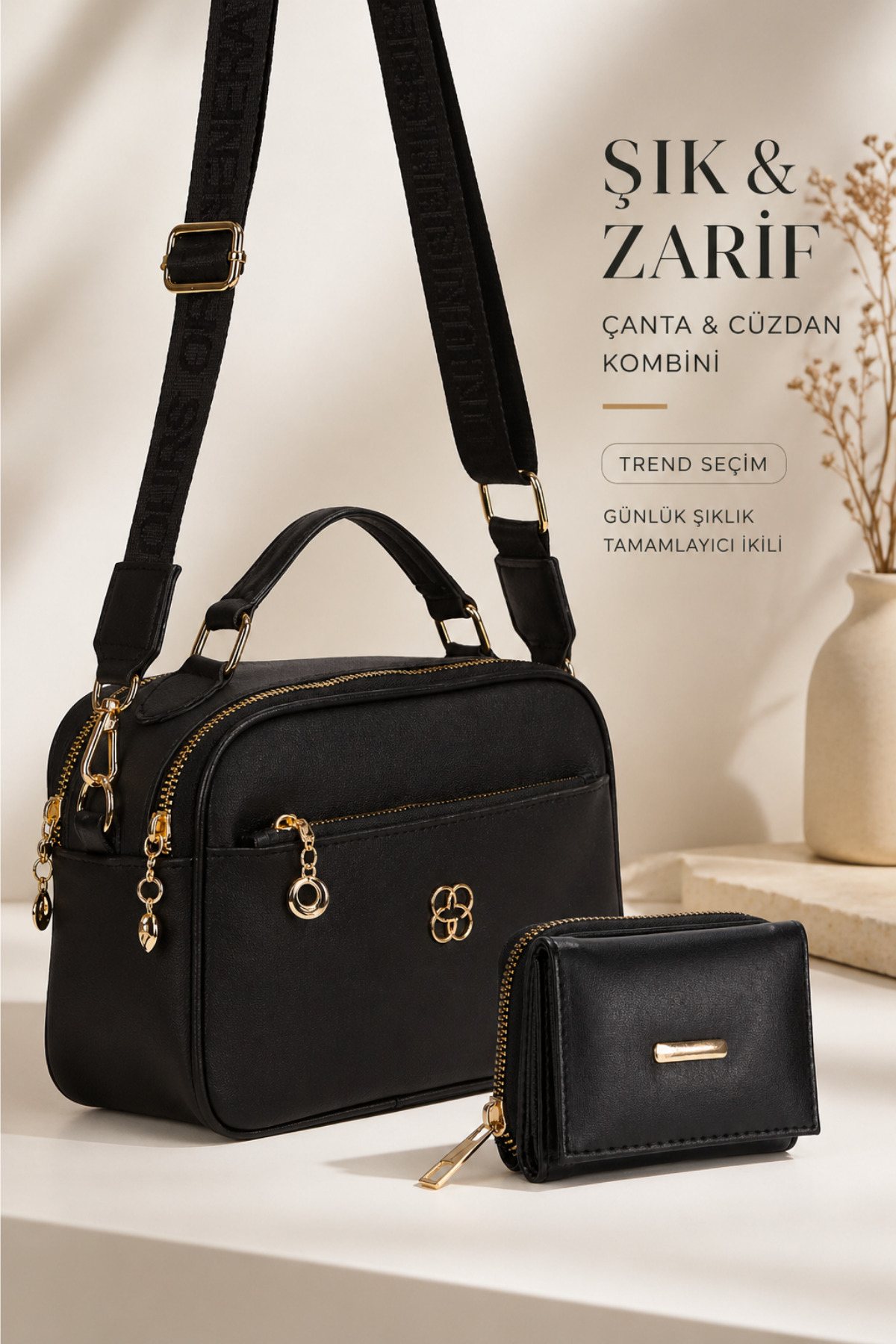 sannora bags Kadın Siyah El ve Omuz Çantası Üç Bölmeli ve Siyah Cüzdan Kartlık