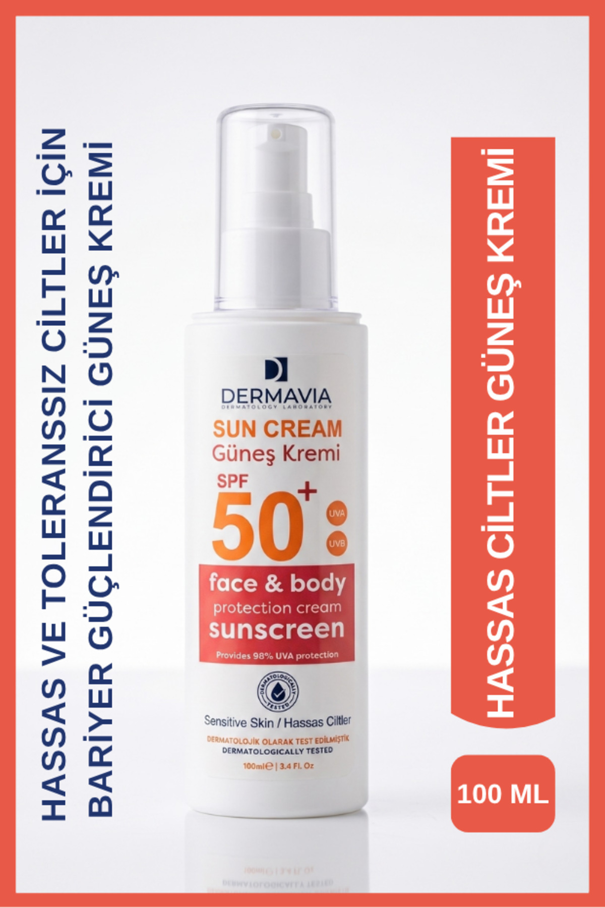 Dermavia SPF 50+ Hassas Ciltler İçin Yüz ve Vücut Güneş Kremi 100 ml, Yüksek Koruma — Dermavia11