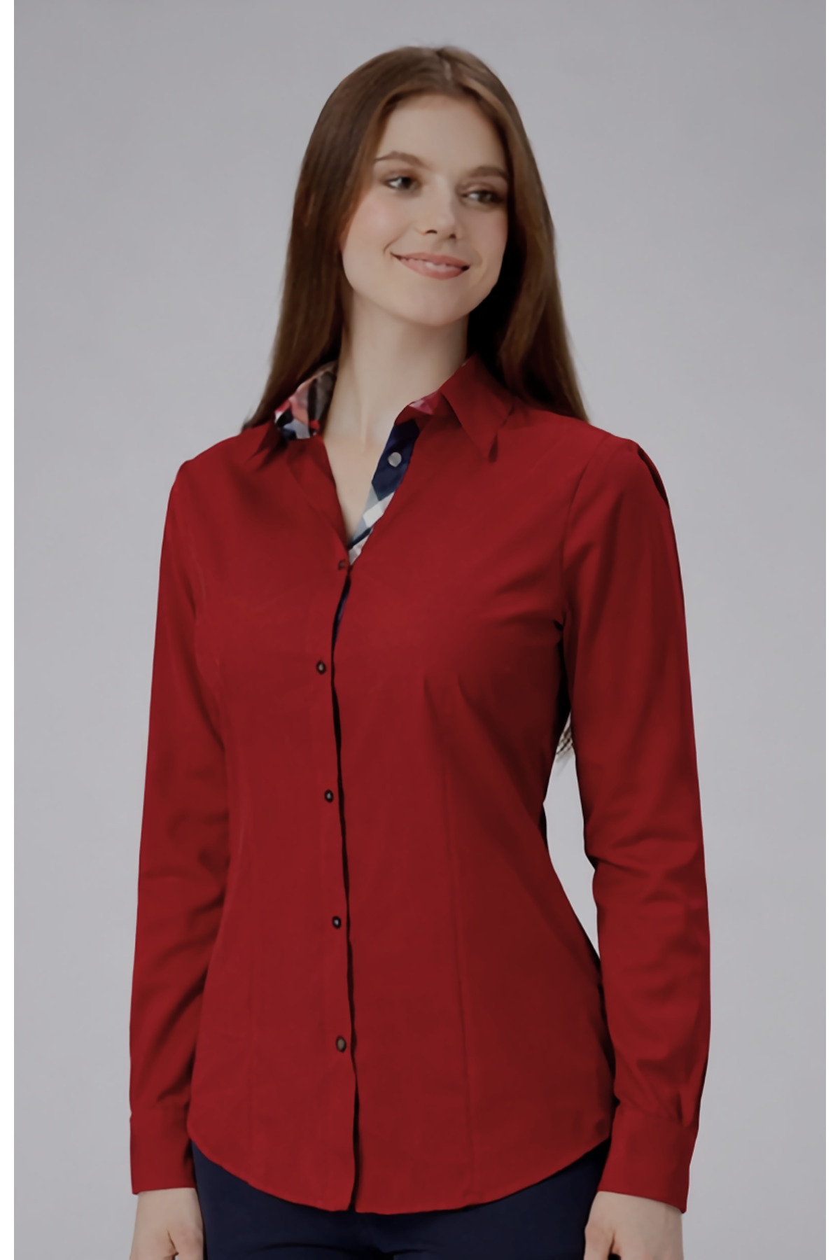 FARQIN K. Red Cotton Polyester Brbry Fabric Detailed Slim Fit Women’s Shirt