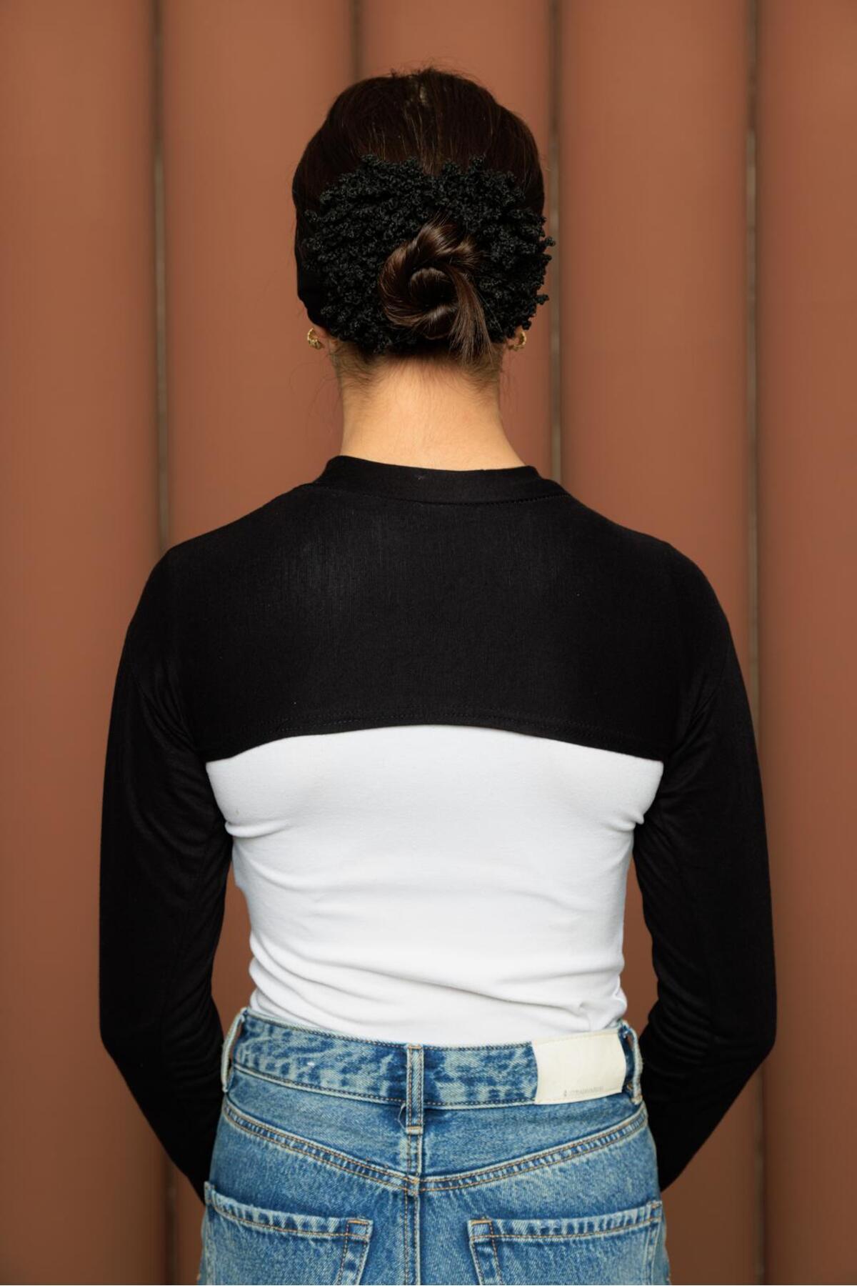 Modamelita Tesettür Boyunluklu Kolluk Balıkçı Yakalı Crop Siyah kolluk boyunluk bone görsel 6