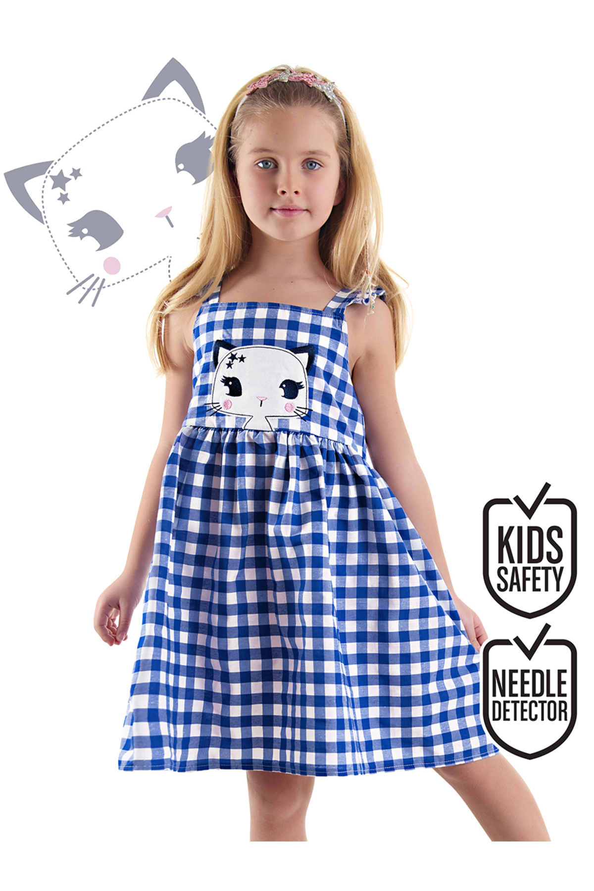 Denokids Lacivert Yıldız Kedi Kız Çocuk Ekose Yazlık Askılı Elbise