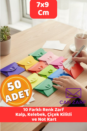 CANVELA 50 Adet 7x9 Cm 10 Farklı Renk Zarf Kalp Çiçek Kelebek Kilitli Mini He...