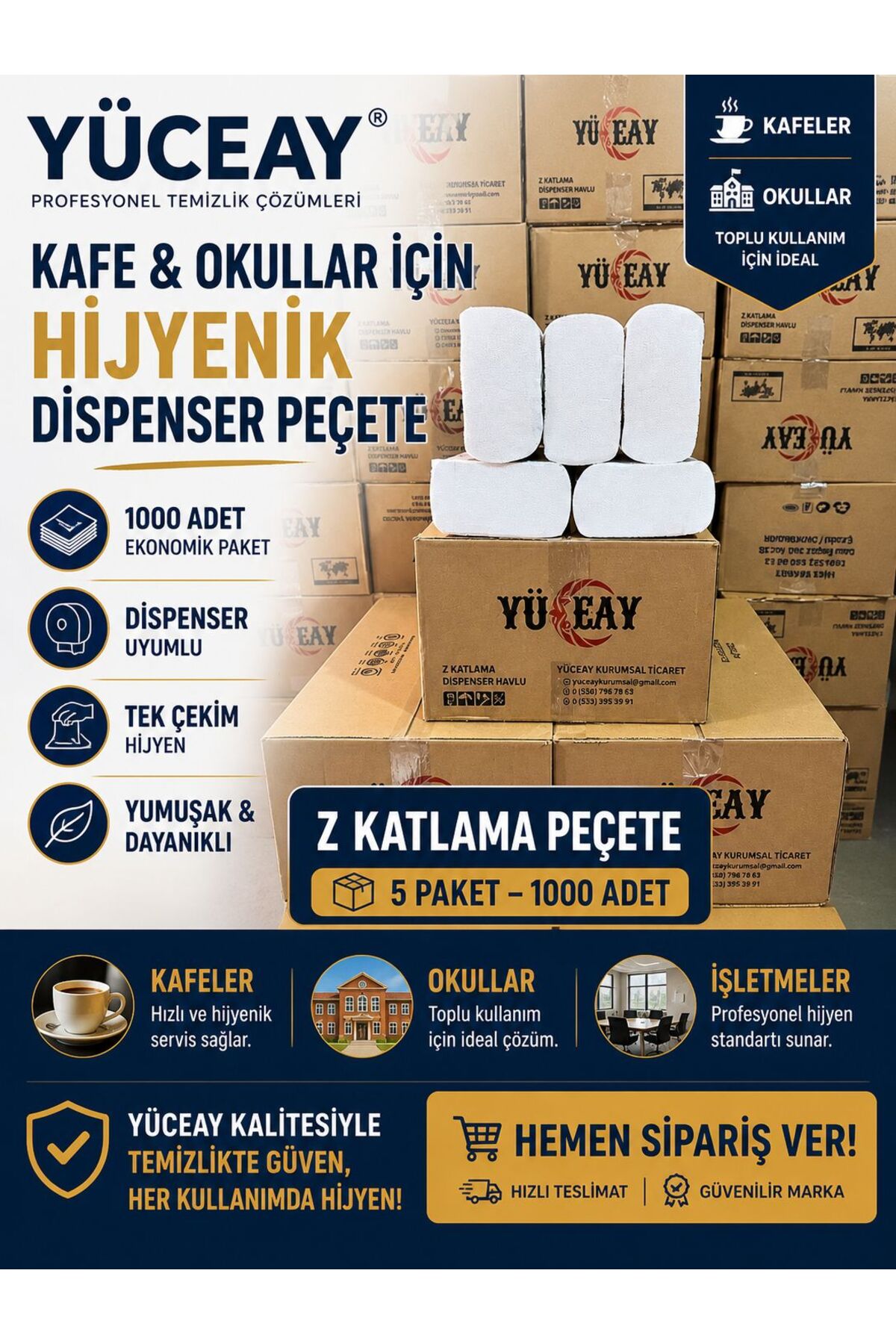 YÜCEAY Z Katlama Kağıt Havlu 200lü Dispanser Peçete 5 Paket 1,000