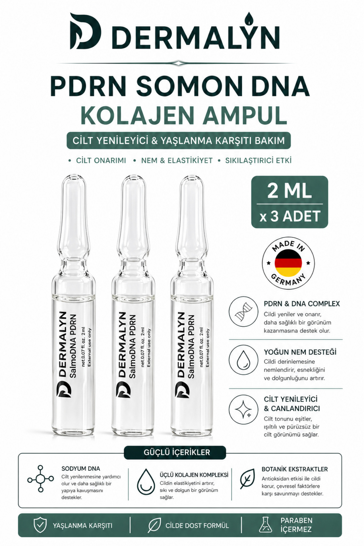 3 Adet PDRN Somon DNA Kolajen İçeren Cildi Gençleştirmeye Yardımcı Ampul Serum Dermaroller Dermapen — SALMODNA-3