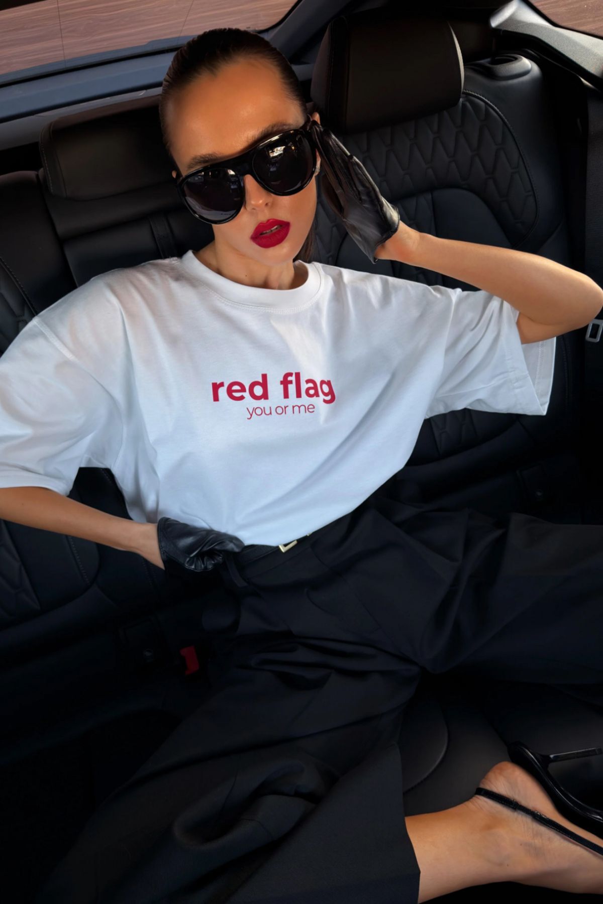 QUKA Red Flag Baskılı Beyaz %100 pamuk 24/1 Oversize Tshirt