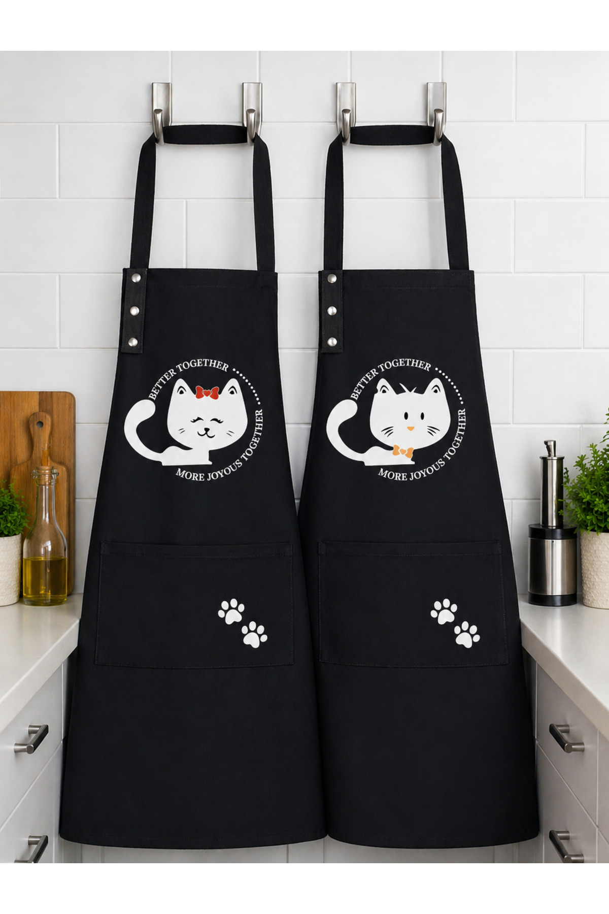 Kitchen Apron Set of 2 Stainproof Water Repellent Fabric Cat Print Dowry Black Cat Apron