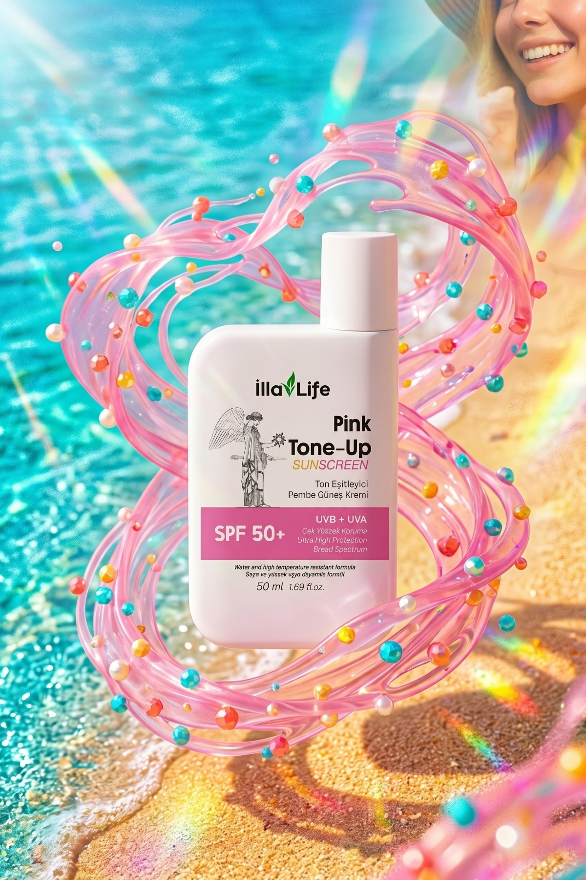 İlla Life Sakız Kokulu Pink Tone Up SPF50+ Ton Eşitleyici Aydınlatıcı Pembe Renkli Leke Karşıtı Kolajenli Nemlendirici Makyaj Bazı Beyaz İz Bırakmayan Yağlandırmayan Suya Dayanıklı Yüz Güneş Kremi 50 ml — Faktör İçin Koruma ve Koruyucu SUN Pembe