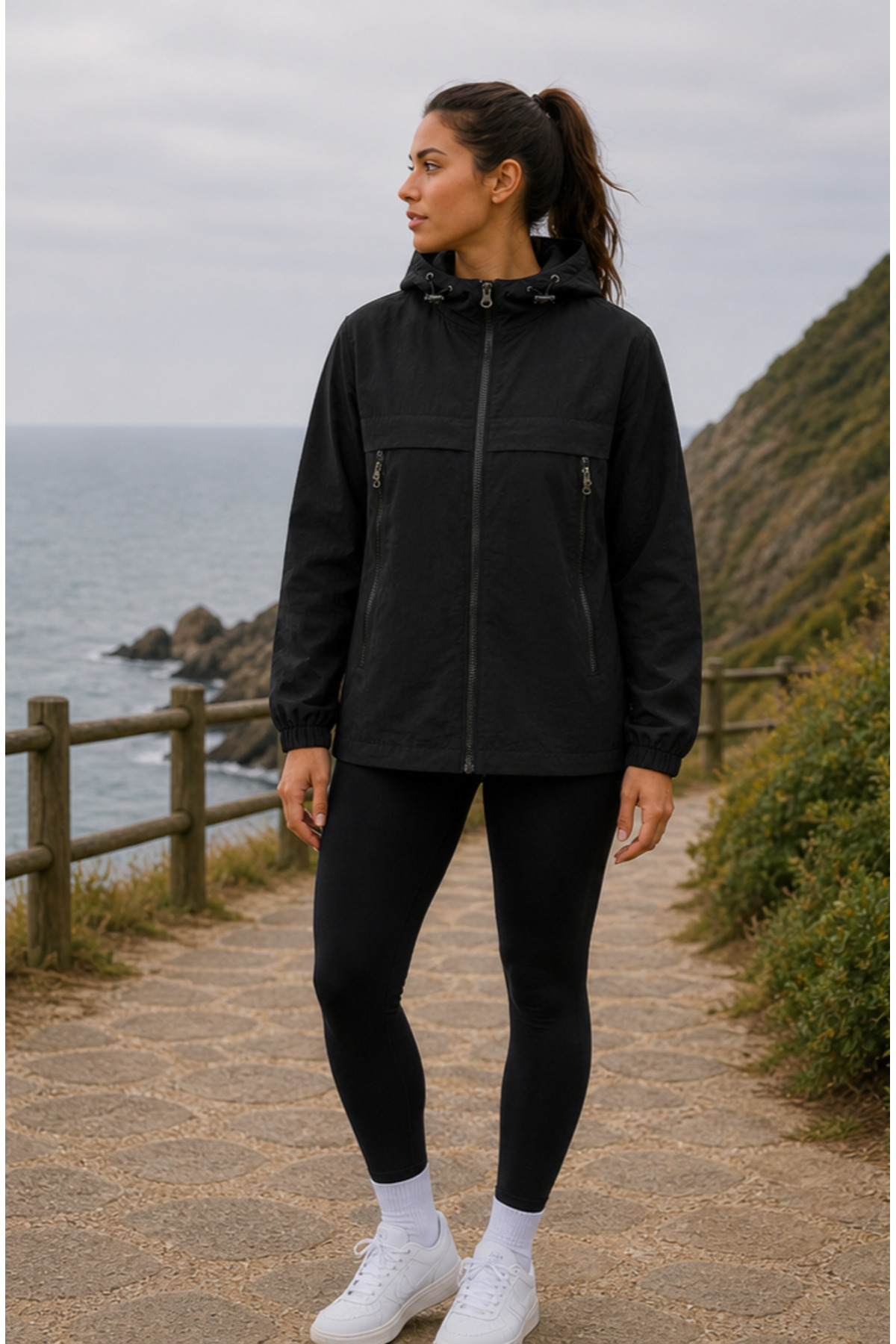 Women's Black Hooded Slim Seasonal Lined Windbreaker Casual Sports Jacket with Zipper