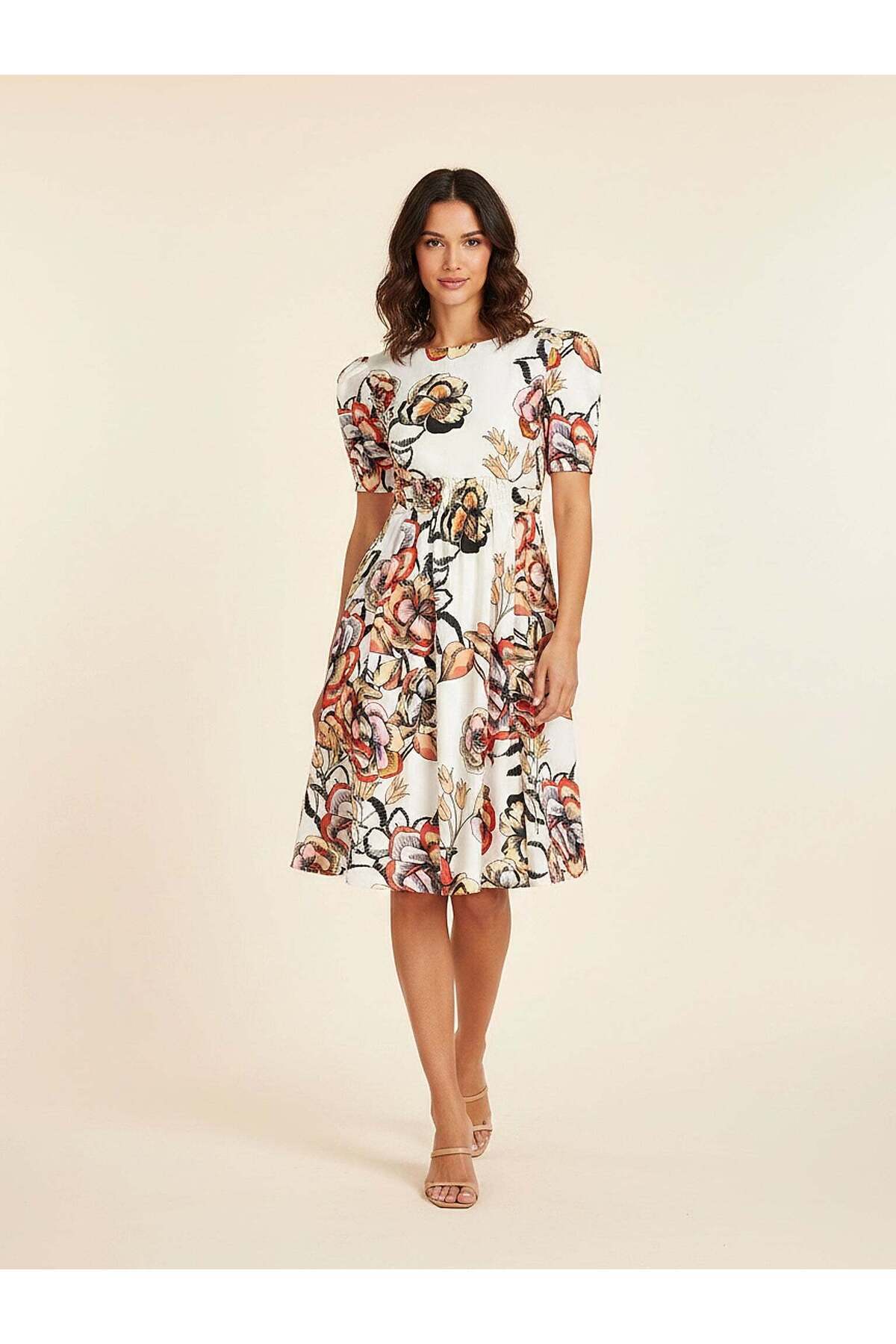 Women's White Elastic Waist Floral Dress FRN3025