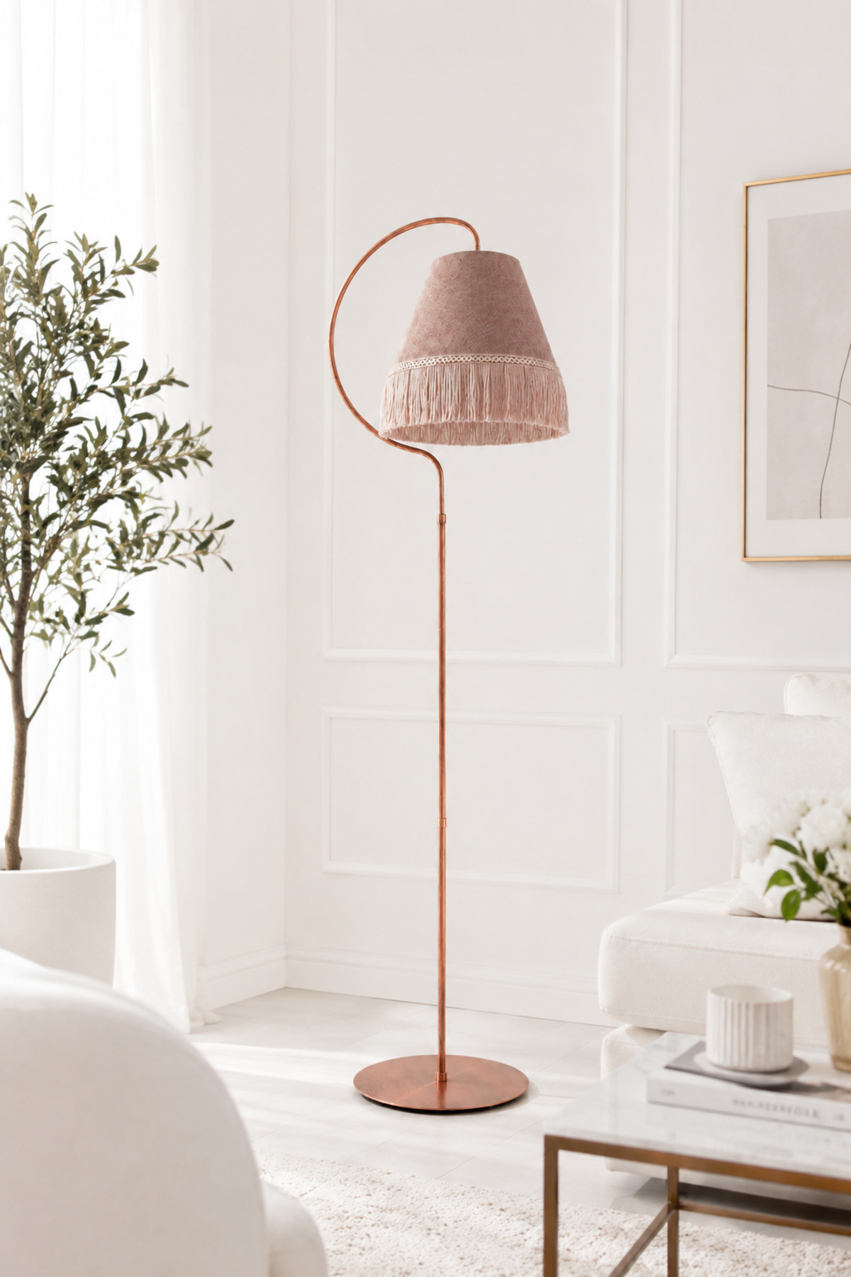 Lighting Floor Lamp Ellipse Black Copper Patine Lampshade Lampshade Tassel Pink