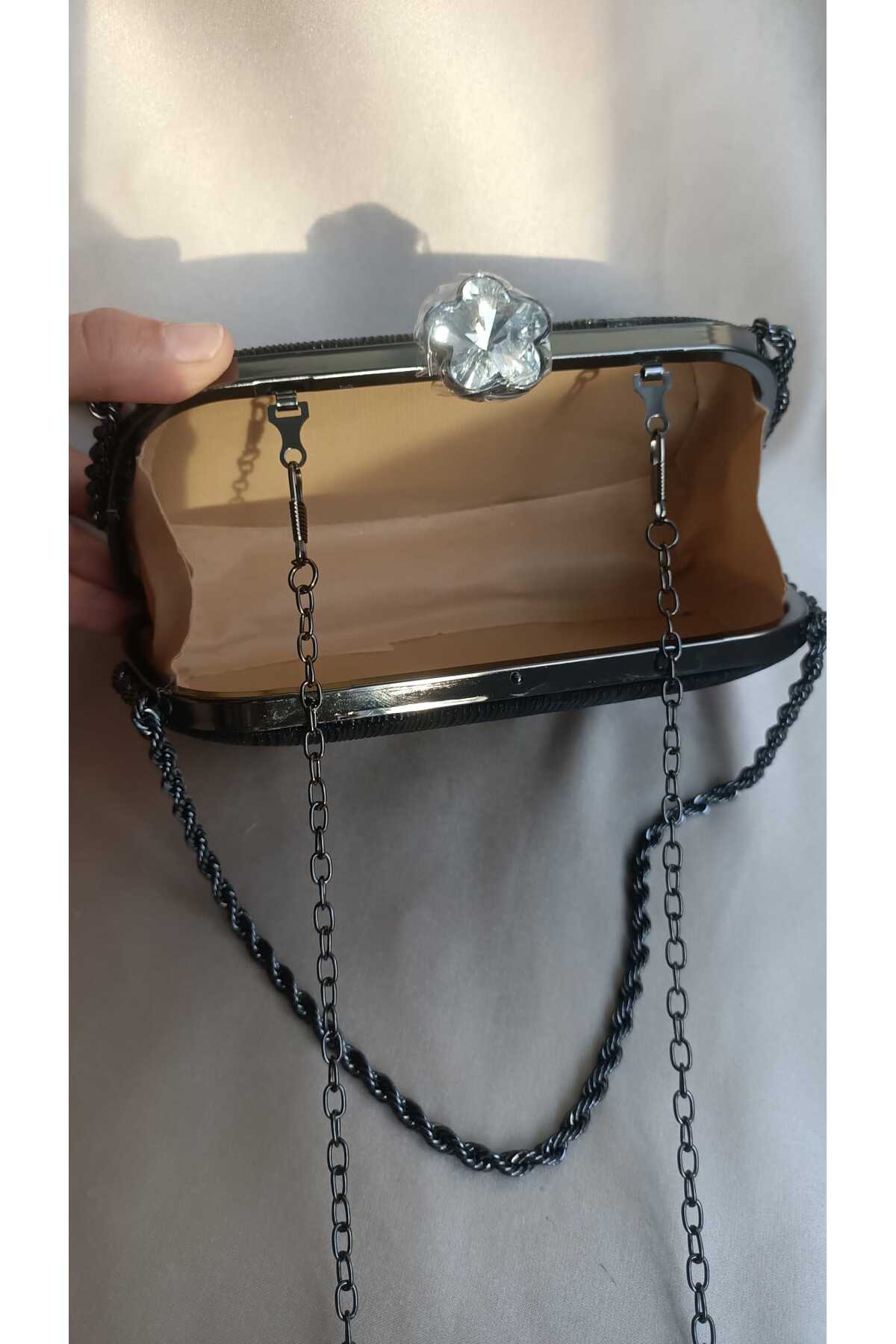Gül Karatekin Kadın Siyah Sim Desenli Burgu Zincirli Portföy Özel Gün Düğün Nişan Clutch Abiye Çanta görsel 3