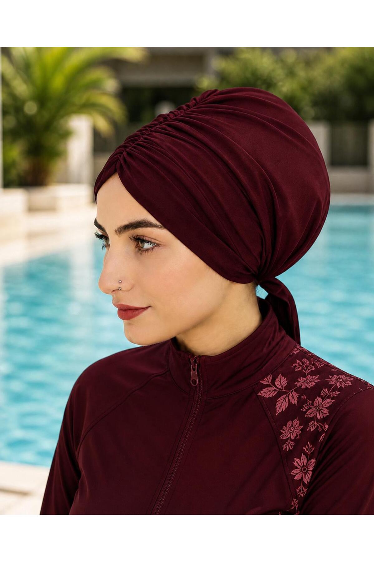 Hijab Swimming Bonnet ( sea and pool cap ) ,hashem and swimsuit top compatible burgundy