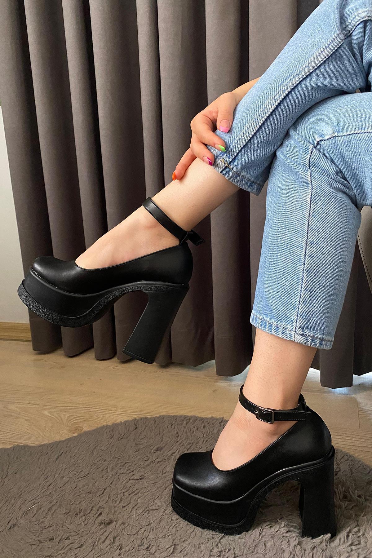 Preshley Kadın Elanor Siyah Deri Bilekten Bağlamal (12 cm ) Platform Topuklu Ayakkabı görsel 5