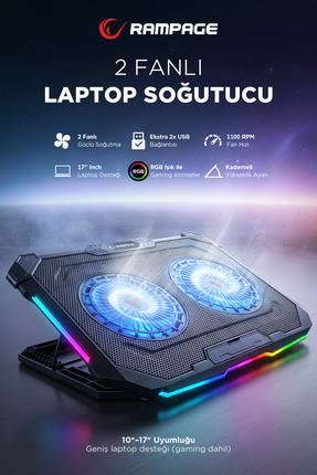 Rampage Sirius S46 RGB Işıklı 2 Fanlı Yükseklik Ayarlı 125 *125*15 2 USB Port...
