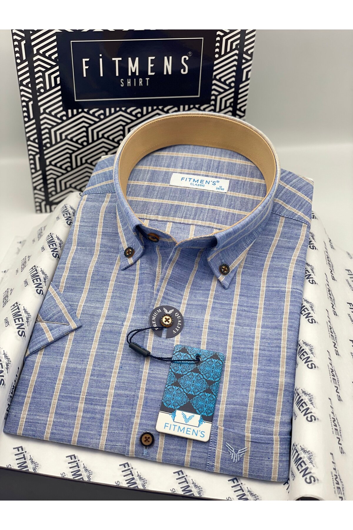Classic Short Sleeve Linen Striped Gift Boxed Men's Shirt FS-003625-Indigo