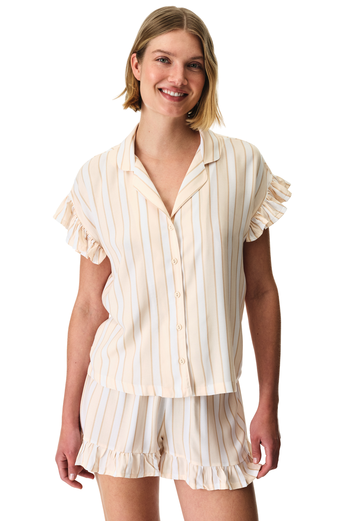 Beige Quinn Striped Shirt Shorts Pajamas Set