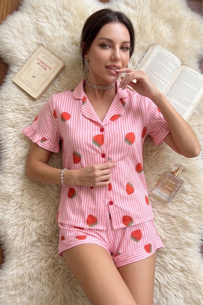 BELLA NOTTE Çilek Desenli Çizgili Kısa Kollu Viskon Pijama Takımı