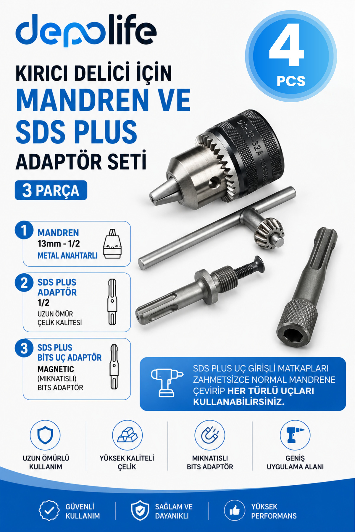 Depolife Kırıcı Delici Sds Plus Mandren Mıknatıslı Bits Adaptör