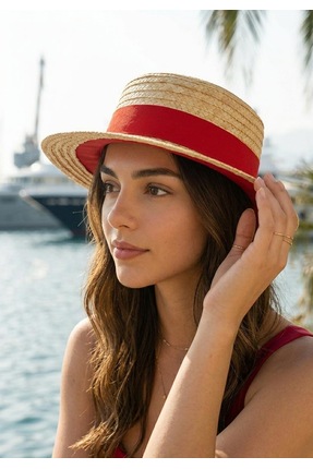 LAGRANZE Trend Yazlık Hasır Şapka Kadın – Boater Stil Siyah Kurdeleli