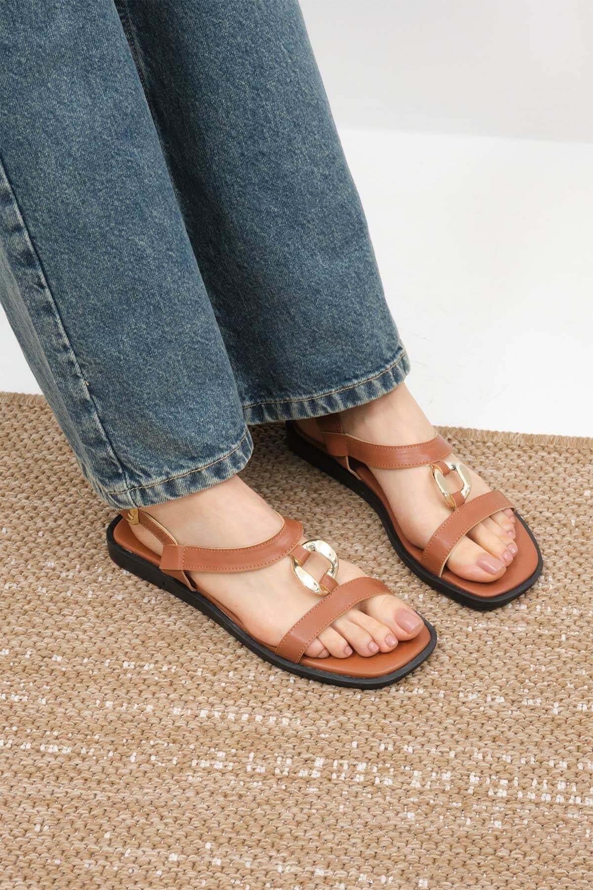 Agnes Tan Color Women's Sandals with Metal Accessories