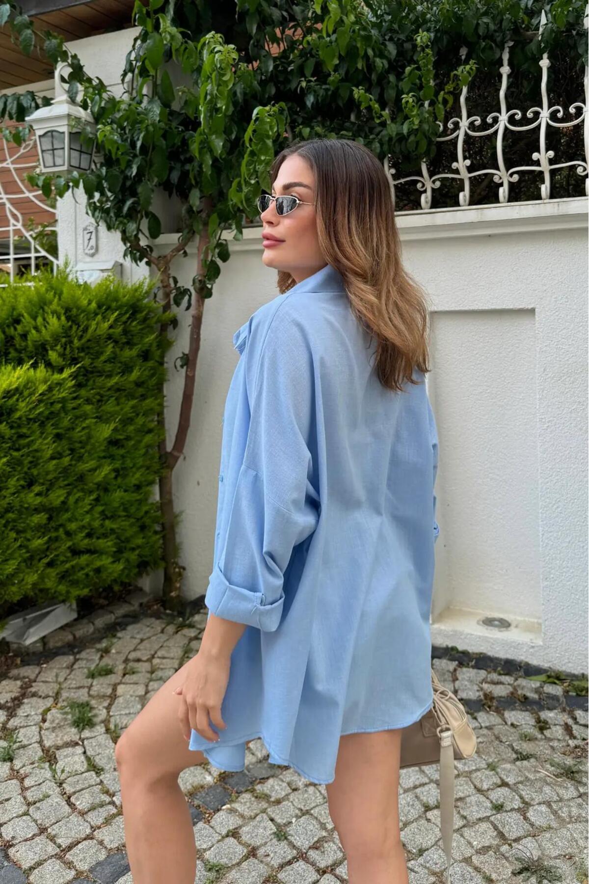 Rouge basıc Oversize Keten Dokulu %100 Pamuk Salaş Gömlek görsel 3