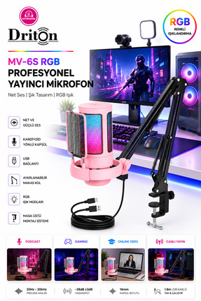 DRİTON Driton Youtuber Mikrofon Mv-6s PEMBE Rgb Usb Oyuncu Yayıncı Ve Podcast...