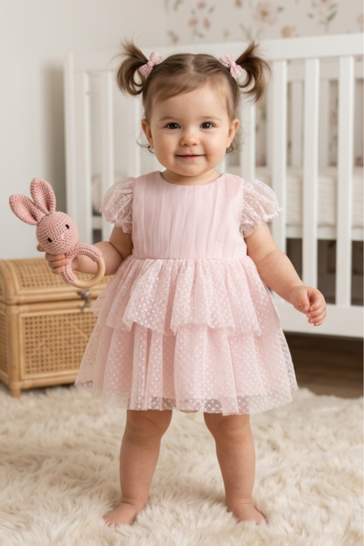 Eray Kids Puanlı Desen Fiyonk Detaylı Tül Kız Bebek Abiye Elbise