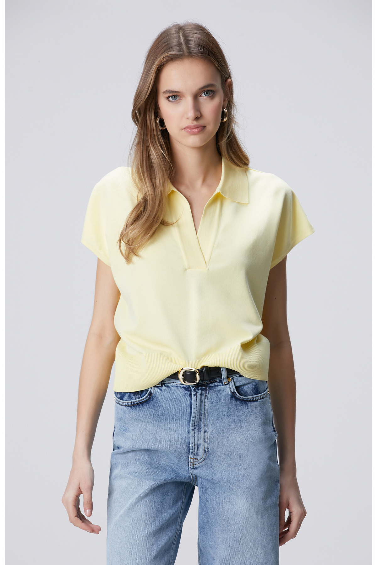 Yellow Polo Collar Basic Sweater