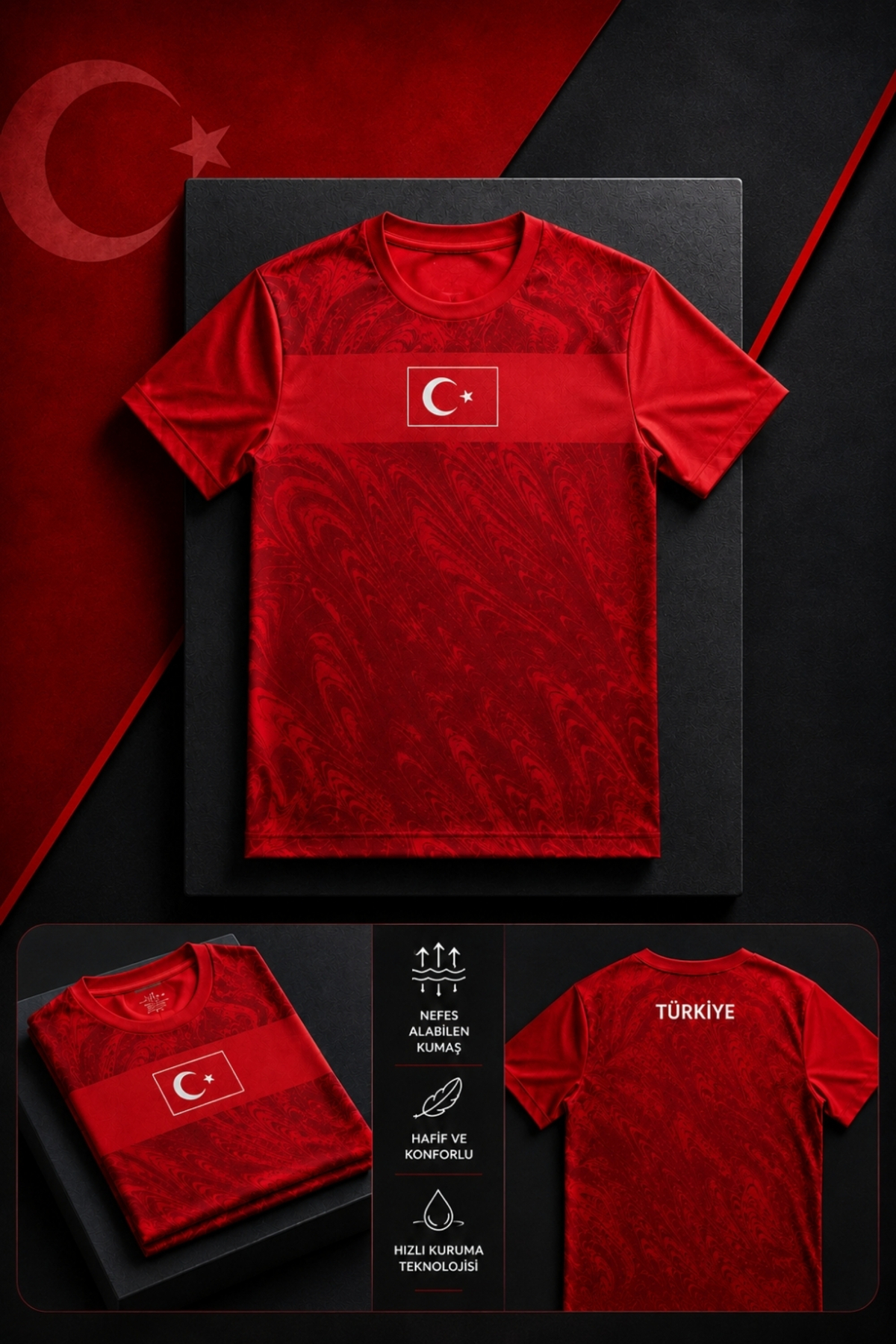 Özten WC 2026 Türkiye Forması Kırmızı Desenli Kısa Kollu Futbol Forması Unisex Maç ve Antrenman Forması