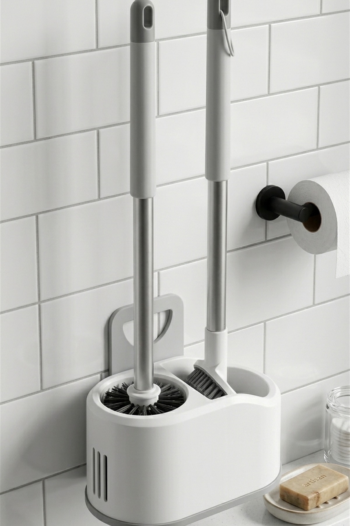 Double Brushed WC Cleaning Set, White, Wall-Mountable, 51 cm