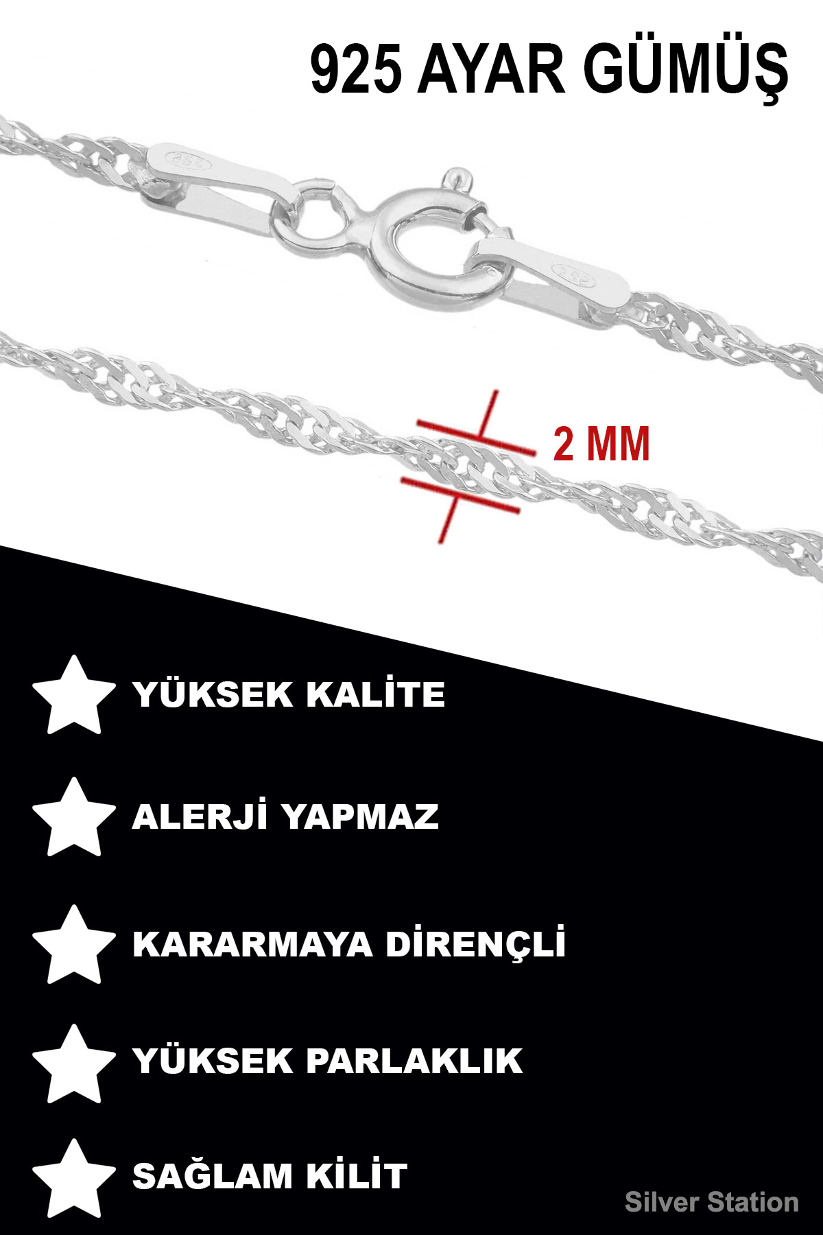 Silver Station 925 Ayar Gümüş Singapur Kolye ve Bileklik Set 40-45-50-55-60-75 cm görsel 4