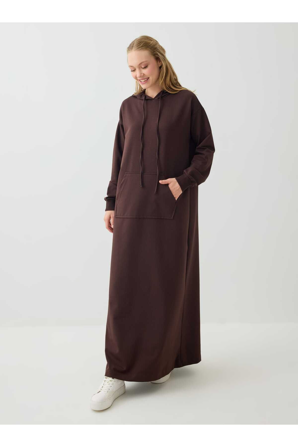 Benin Kangaroo Pocket Hooded Modest Dress - Brown -