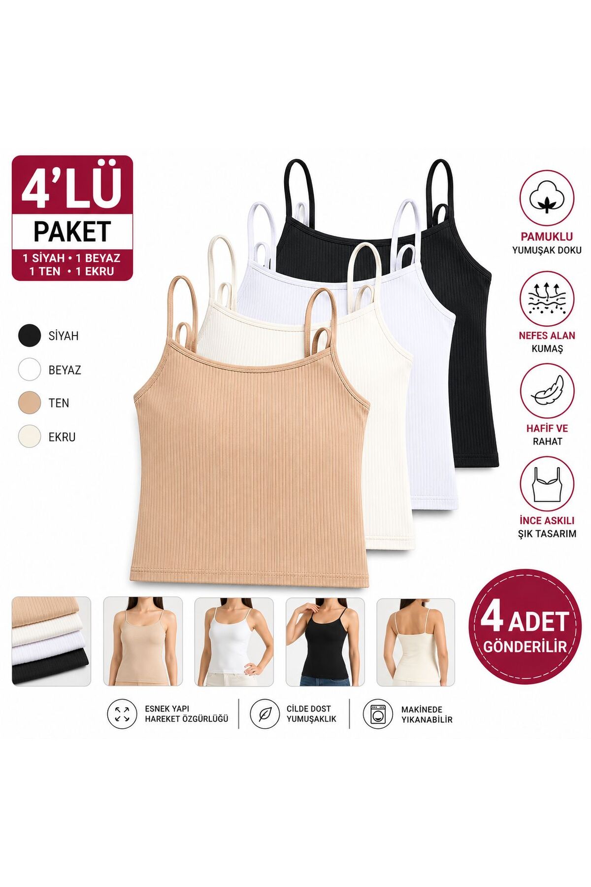 COMFORT SECRET KADIN FİTİLLİ PAMUKLU 4'LÜ ATLET EKONOMİK PAKET
