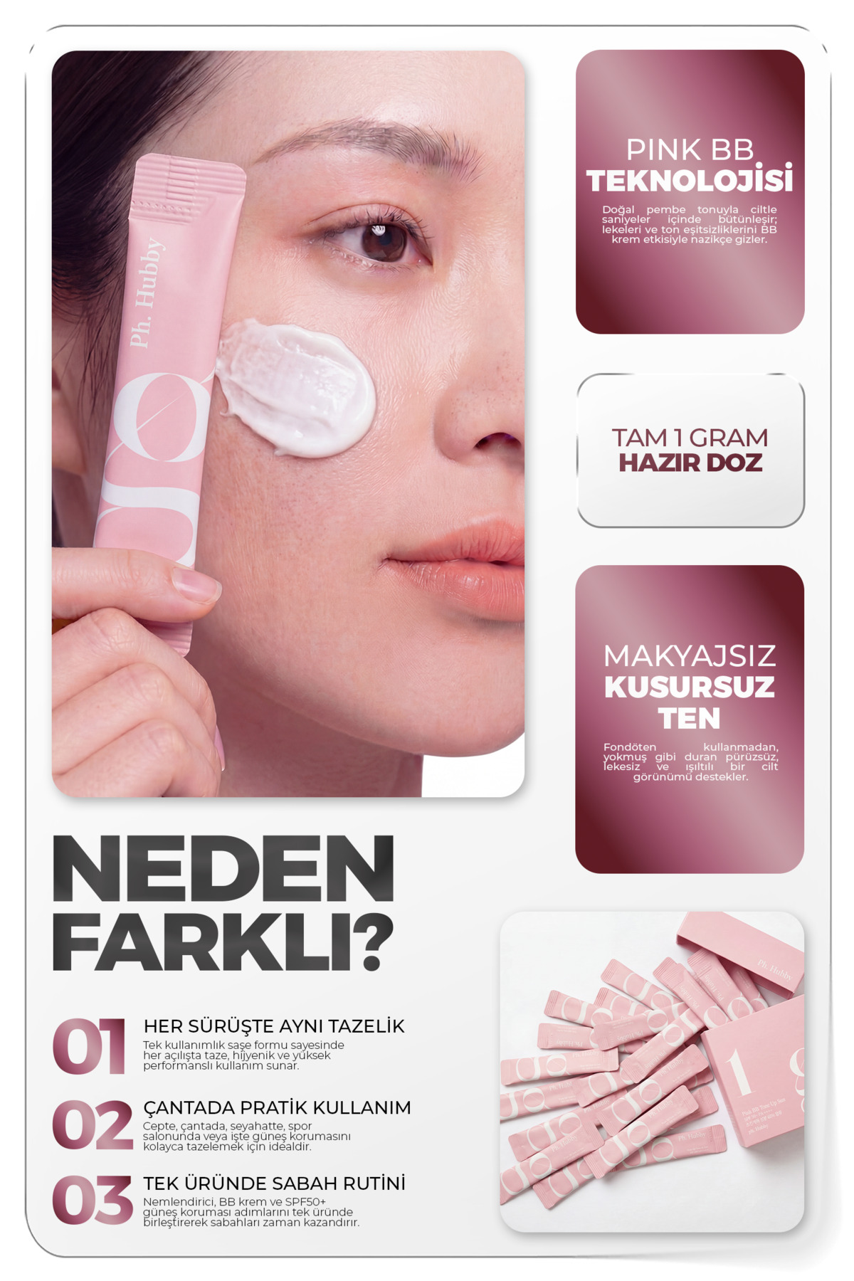 کرم ضد آفتاب کره‌ای BB صورتی روشن کننده SPF50+ PA++++ 1 گرم x 50 — 22 — تصویر 2 از 3