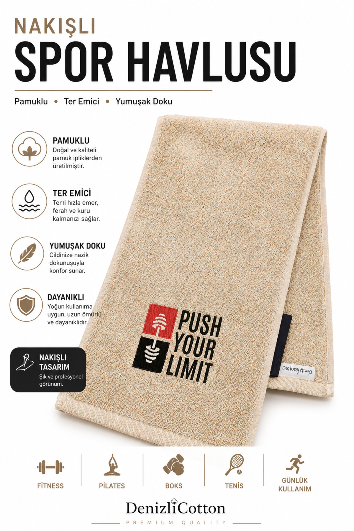 Embroidered Sports Towel Cotton Sweat Absorbent Fitness Pilates Boxing Tennis Towel 90x30cm