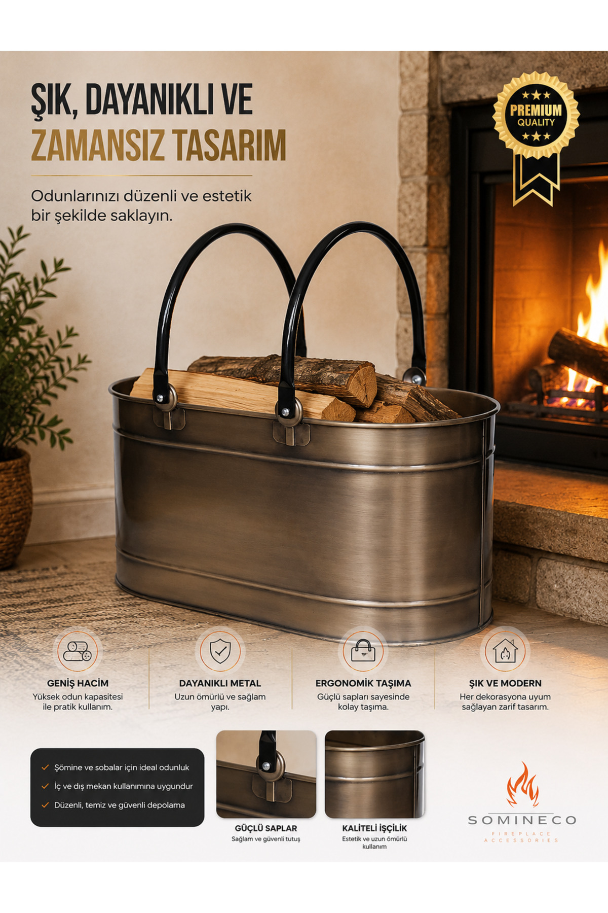 Metal Shiny Gold Design Fireplace with Long Oval Handles -Stove Wood Storage Storage Bucket 55x35x29 CM